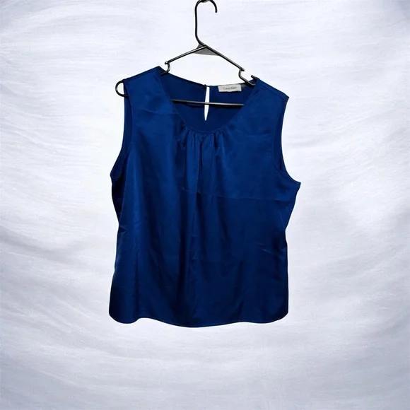 Calvin Klein Royal Blue Sleeveless Blouse Size XL Pleated Neck Career Top - Picture 3 of 6
